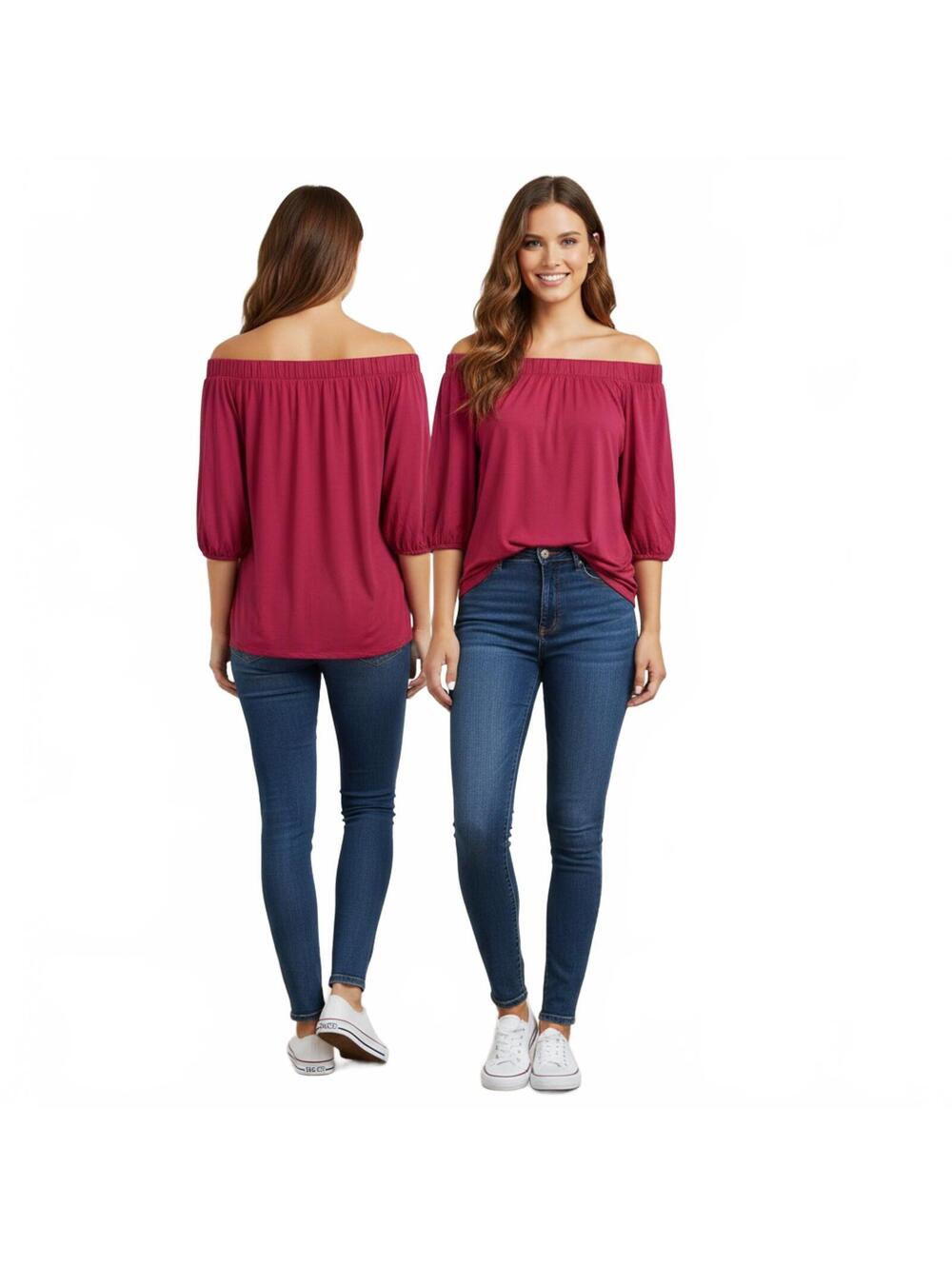 Off Shoulder Top Blouse 3/4 Sleeve Casual Comfy Pullover Red
